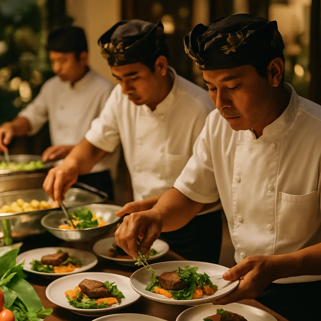 Balinese chefs plating gourmet dishes at a Bali villa buffet