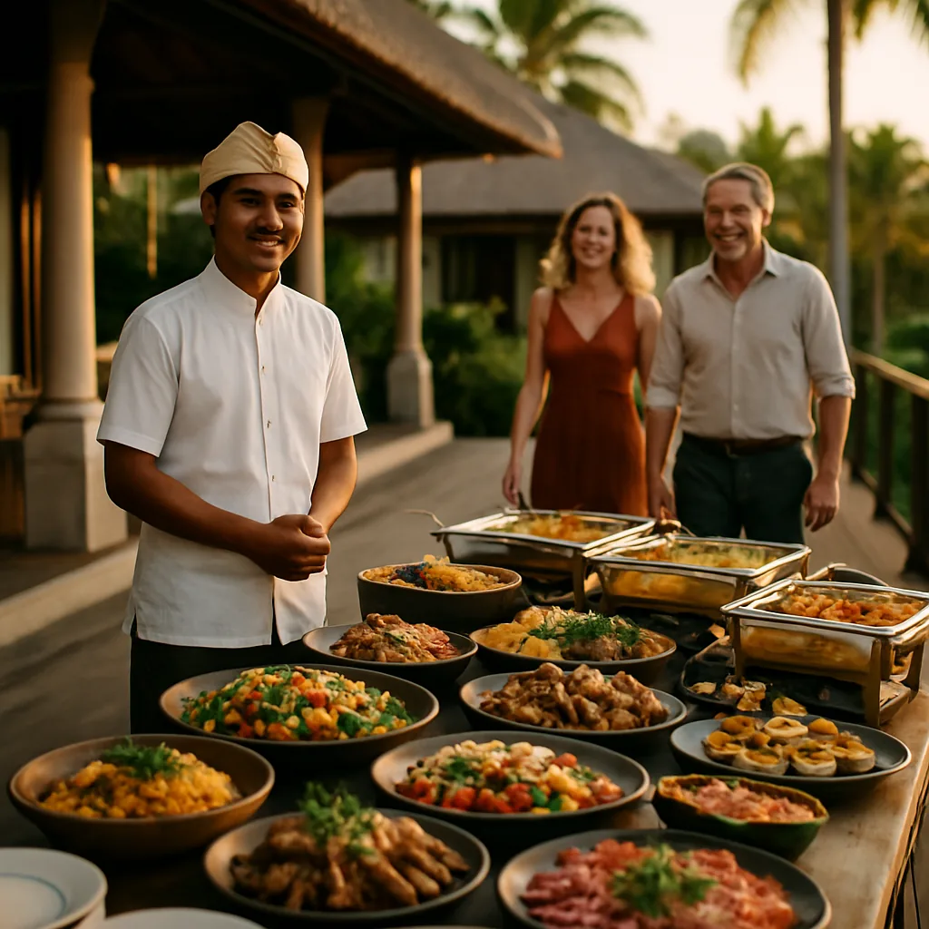 Lavish catering buffet on a Bali villa terrace with Indonesian staff serving