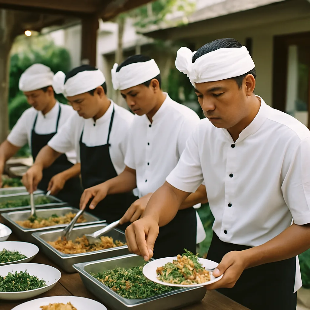 Indonesian catering team preparing food at a Bali villa event