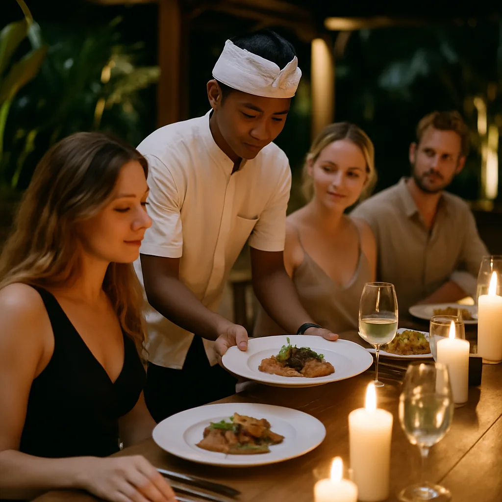 Elegant plated dinner service by a Balinese waiter at a Bali villa