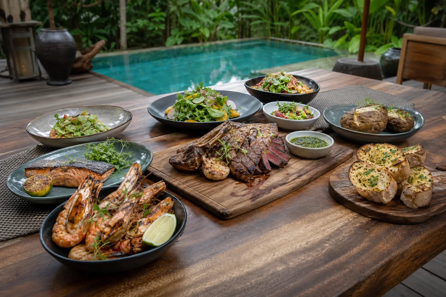International BBQ platter with grilled meats, prawns and salads at a Bali villa