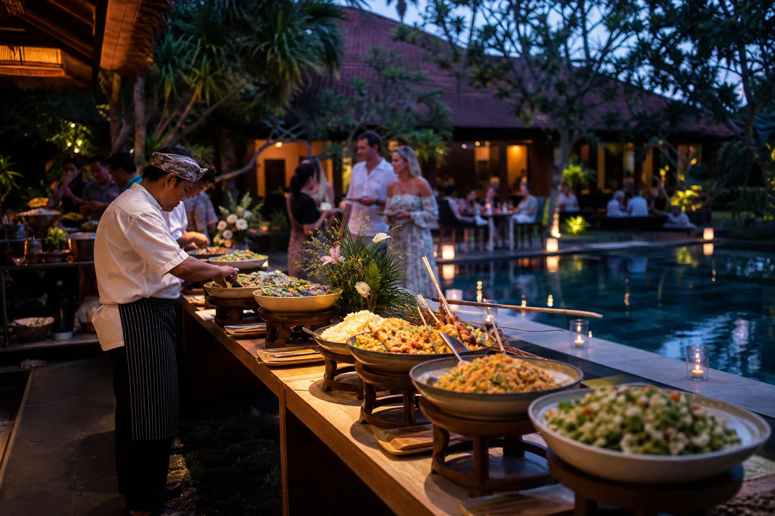 Completed buffet dinner at a Bali villa poolside at dusk