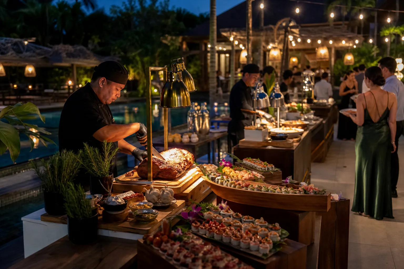 Premium Live-Station Buffet catering setup at a Bali villa