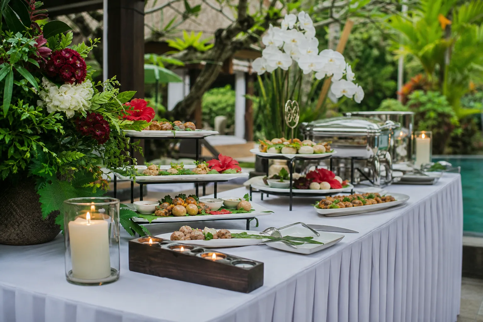 Crisp buffet linens, tropical flowers, and polished chafing dishes at a Bali villa