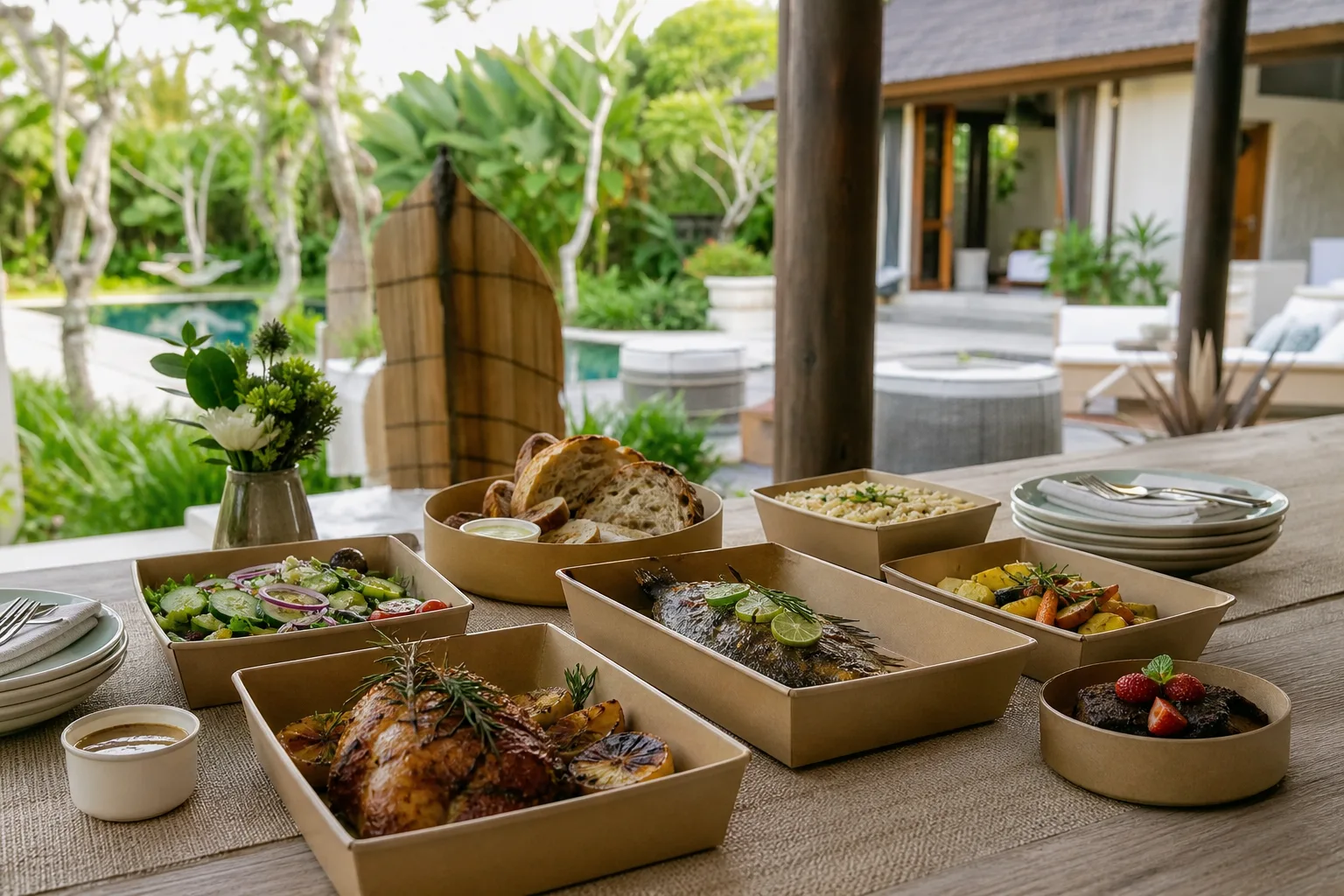 Family dinner drop-off spread served on a calm Bali villa dining table