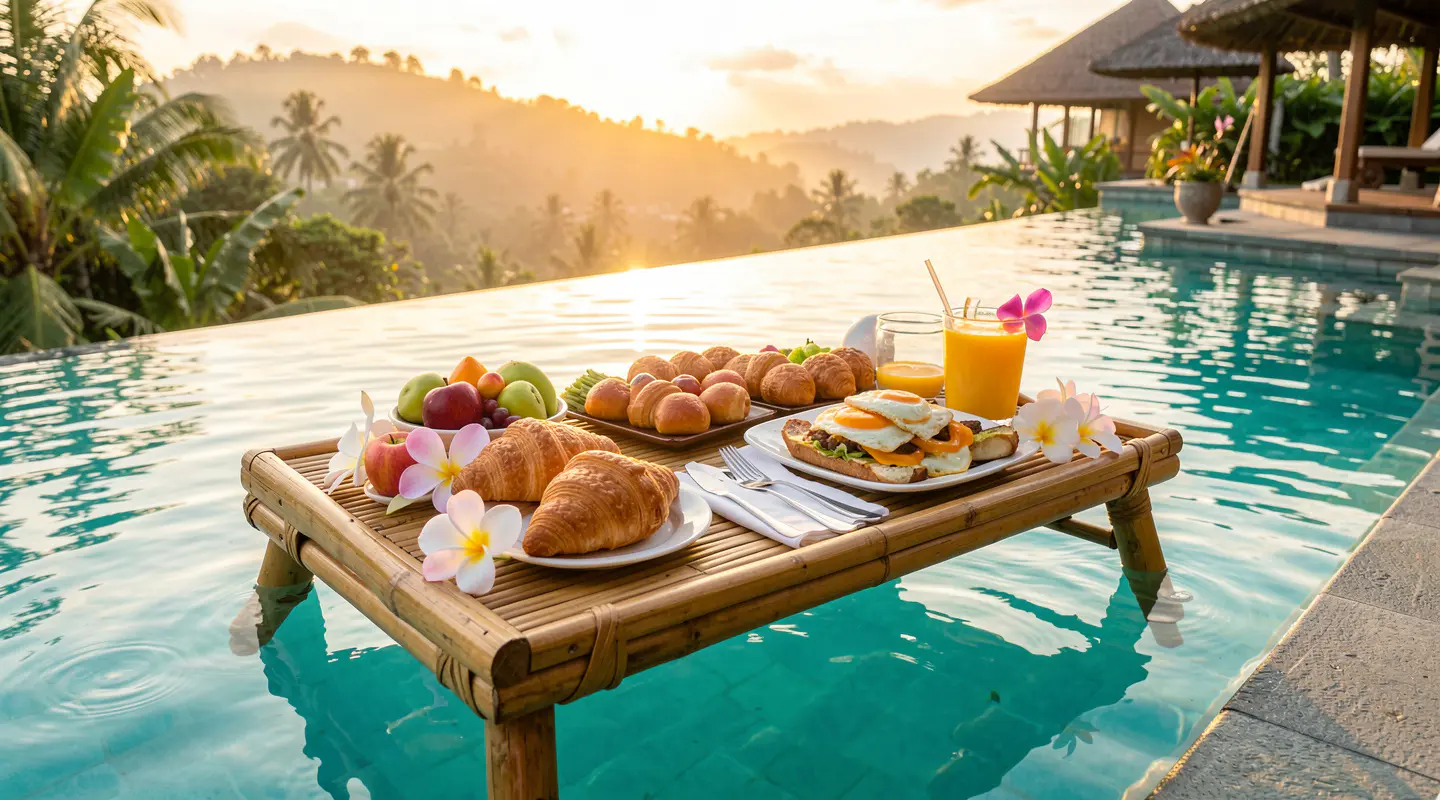 Floating breakfast tray with tropical fruit and coffee in a Bali villa pool
