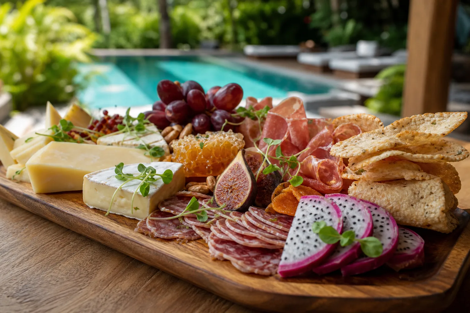 Close-up of a premium grazing board with cheeses, cured meats and tropical fruit