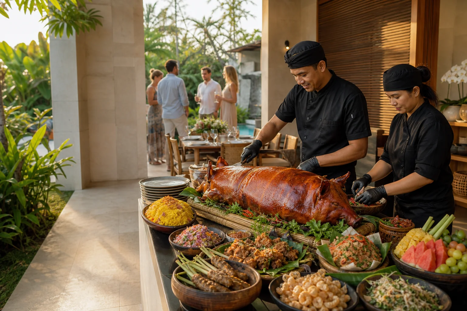 Private chef serving a candlelit jungle dinner at a Sayan valley villa