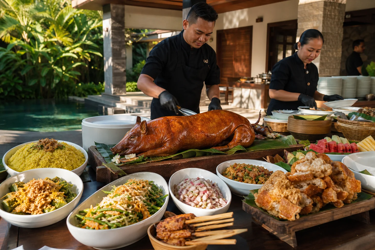 Private chef serving a fresh seafood dinner at a Nusa Lembongan villa with ocean views