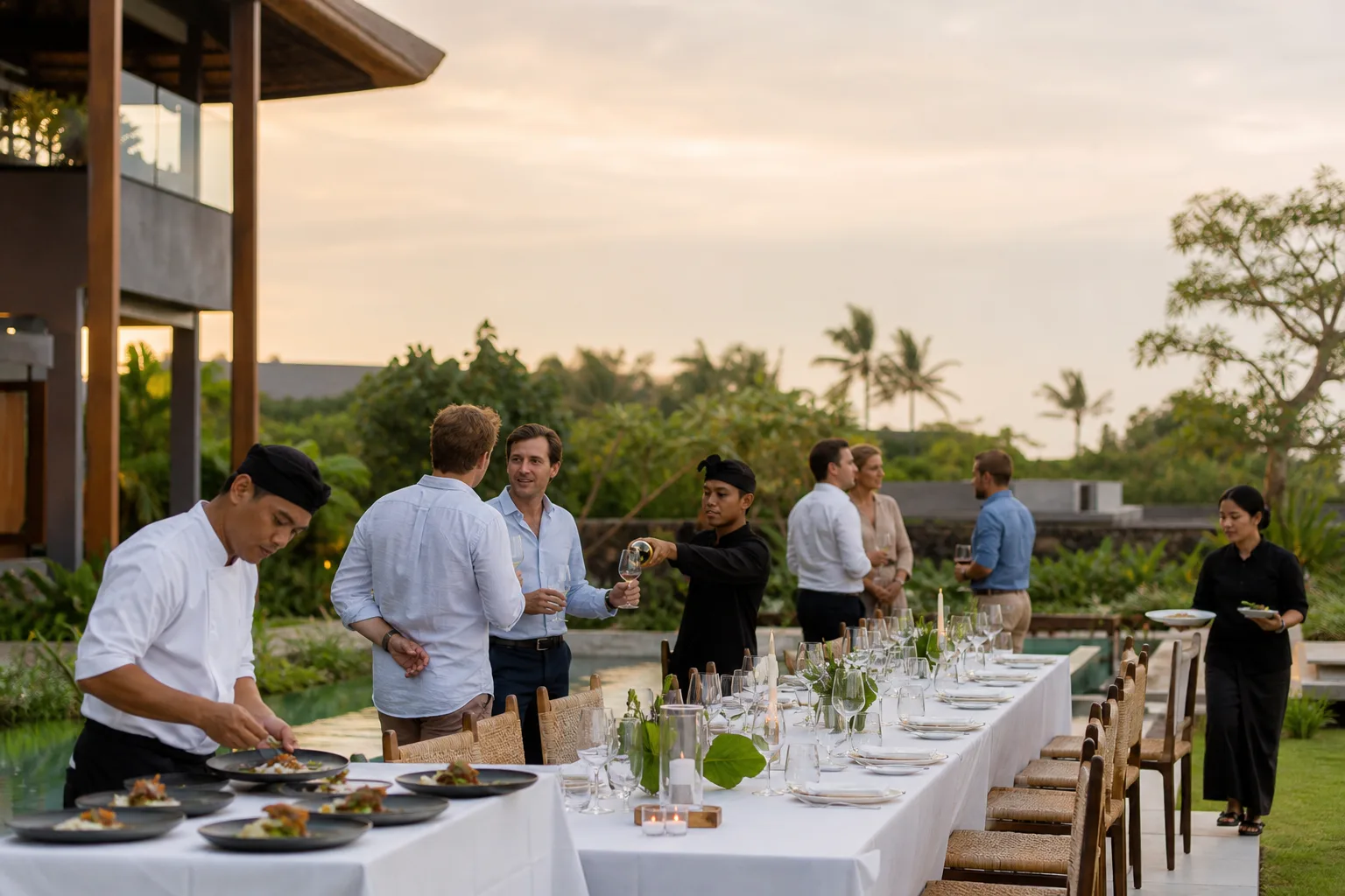 Chef preparing a refined Balinese dinner at a Penestanan villa above the rice terraces