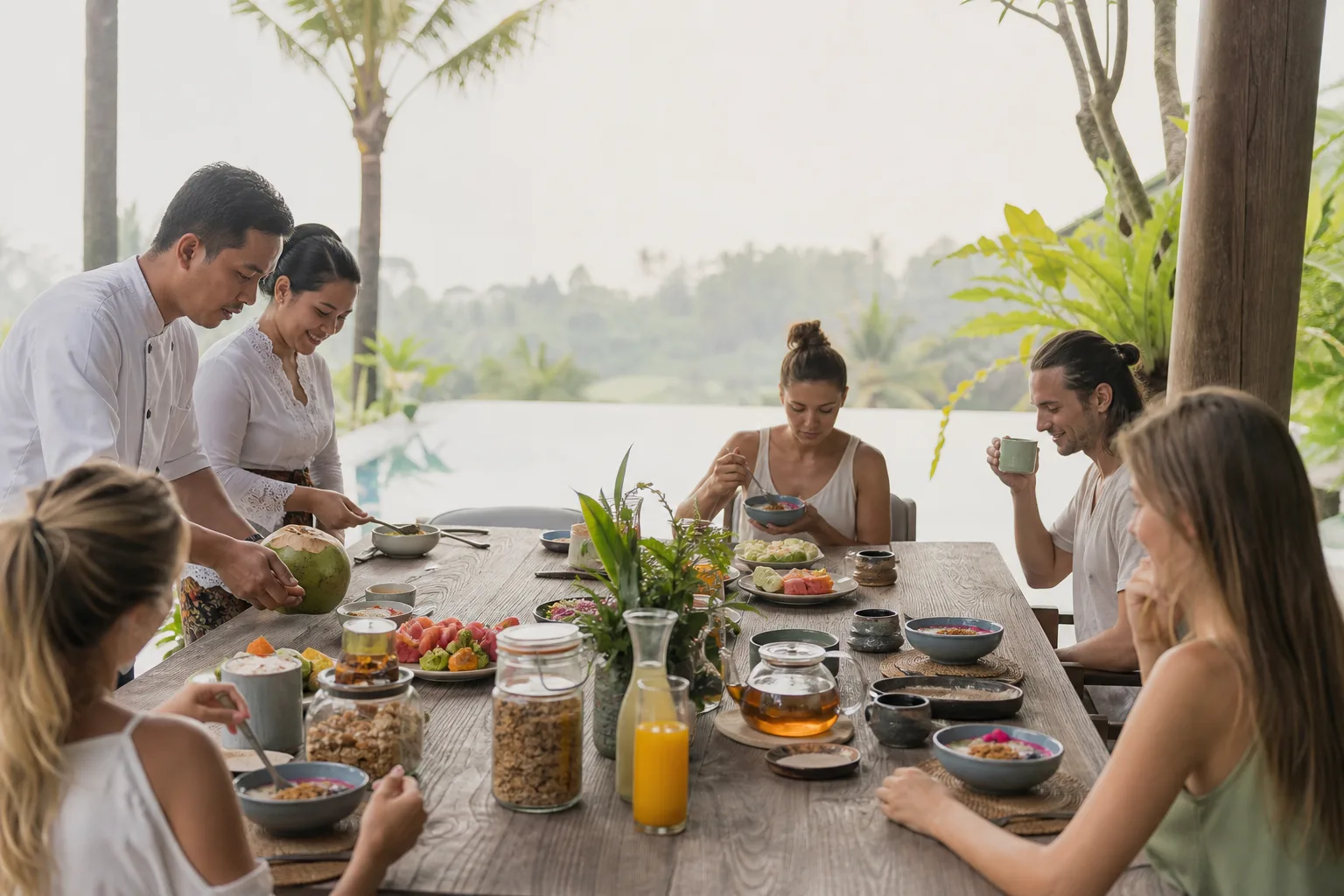 Private chef preparing a sunset dinner at a clifftop Balangan villa above the Indian Ocean
