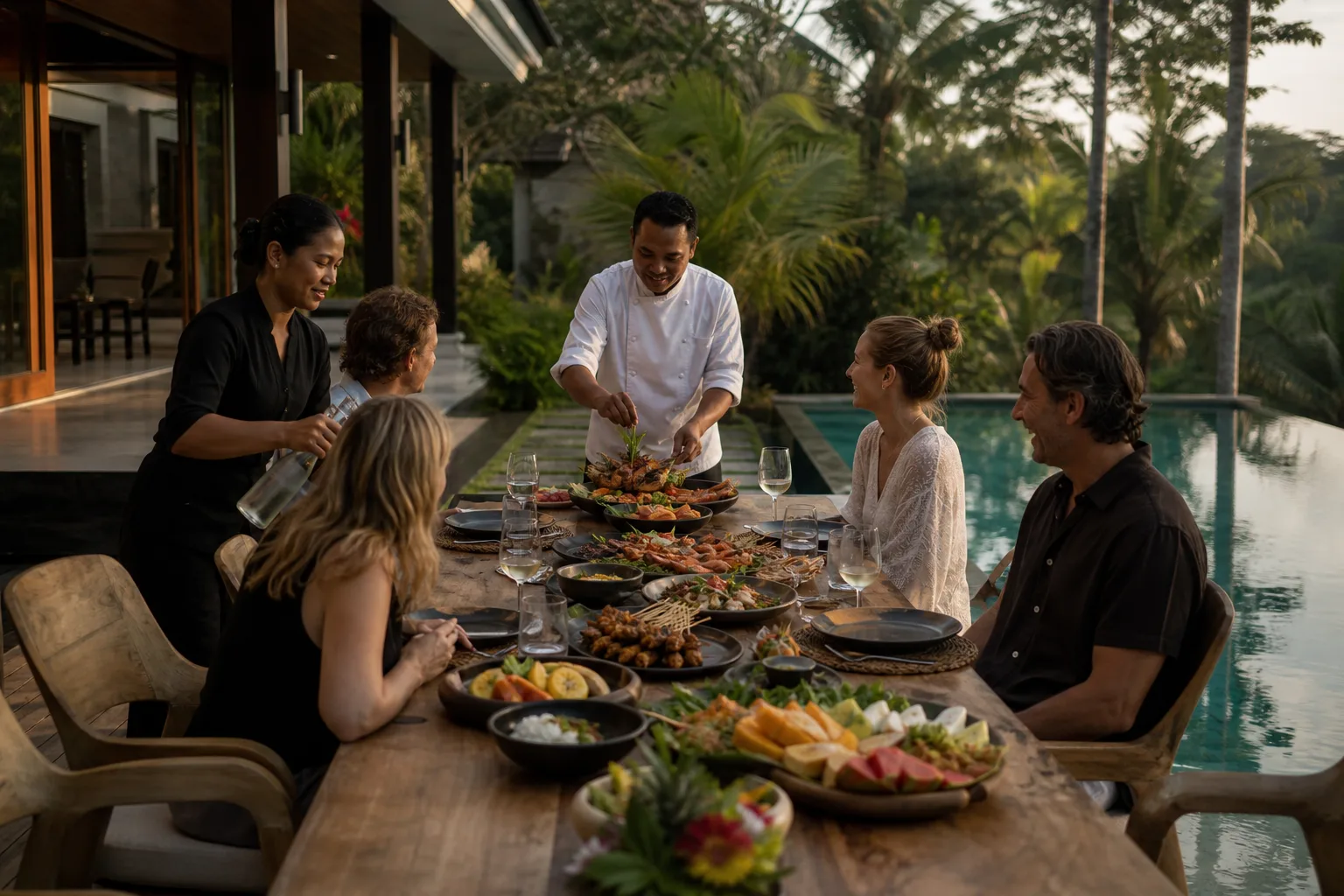 Private chef serving a clifftop dinner at a Bingin villa above the reef break