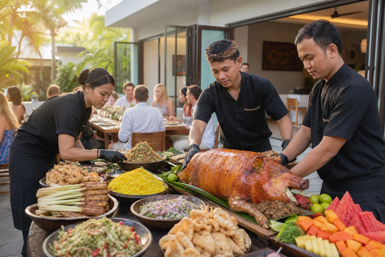 Professional Babi Guling catering team serving at a Bali villa event