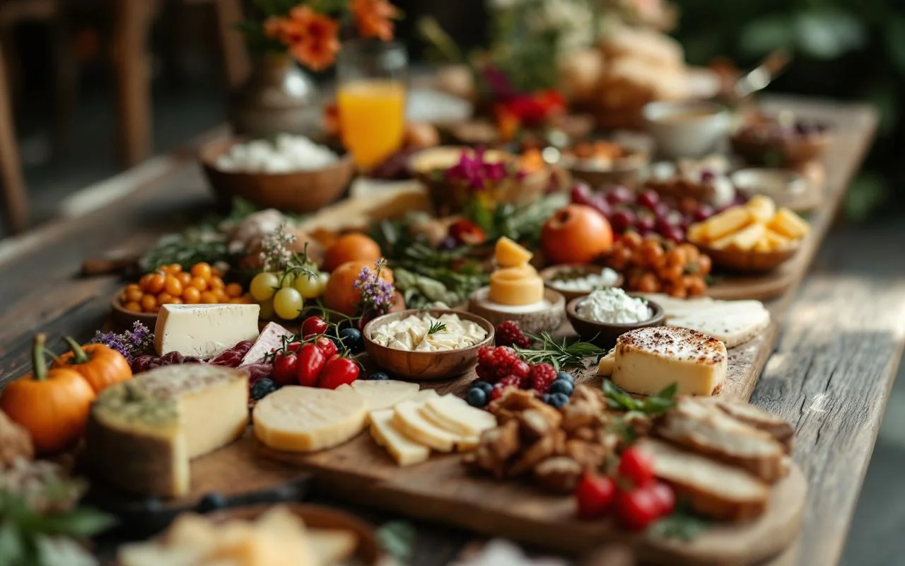 Grazing table Bali with cheese, charcuterie, fresh fruit, and edible flowers styled for a villa event