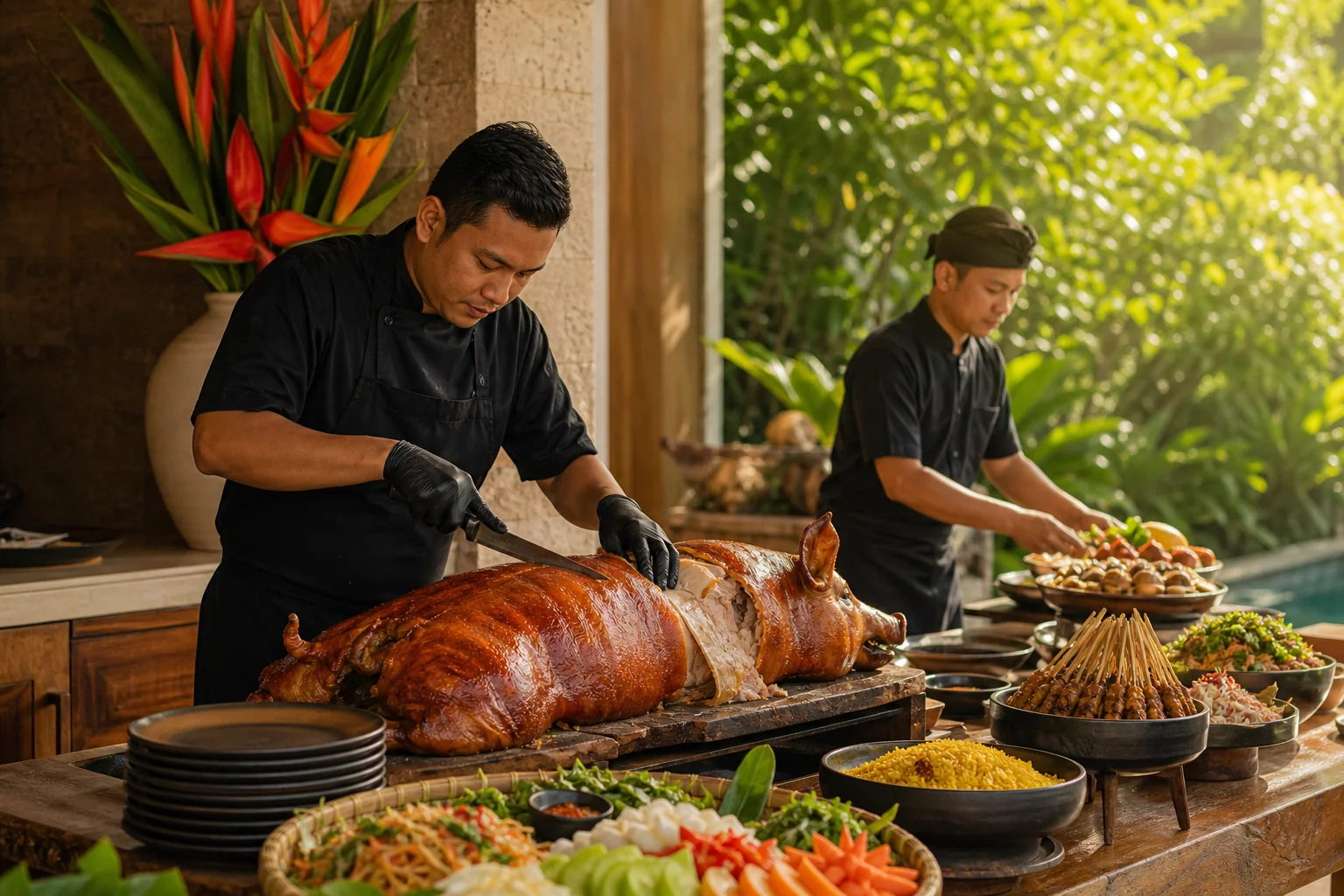 Chef carving traditional Babi Guling with Balinese sides at a villa event