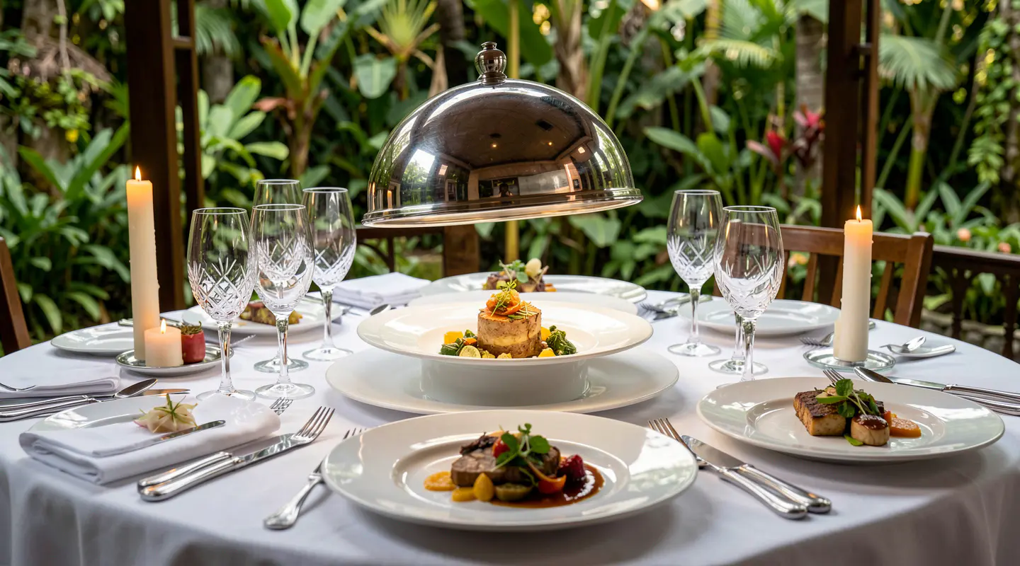 Elegant plated dinner course served at a Bali villa for private fine dining