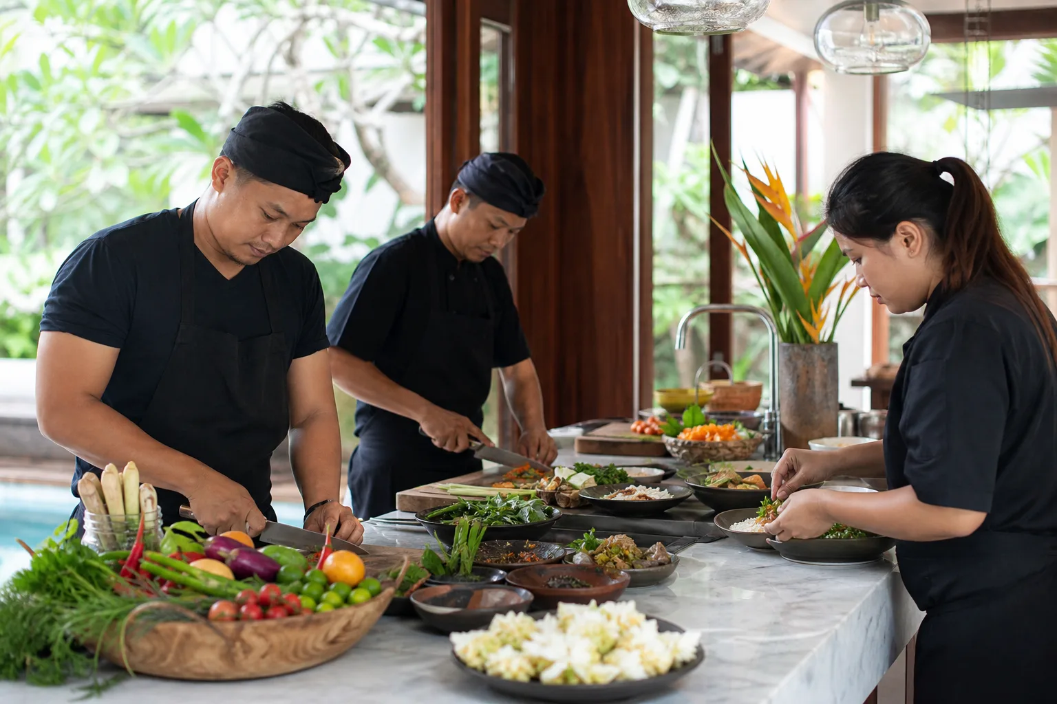 Indonesian chef and team preparing multi-day villa catering in a Bali villa kitchen