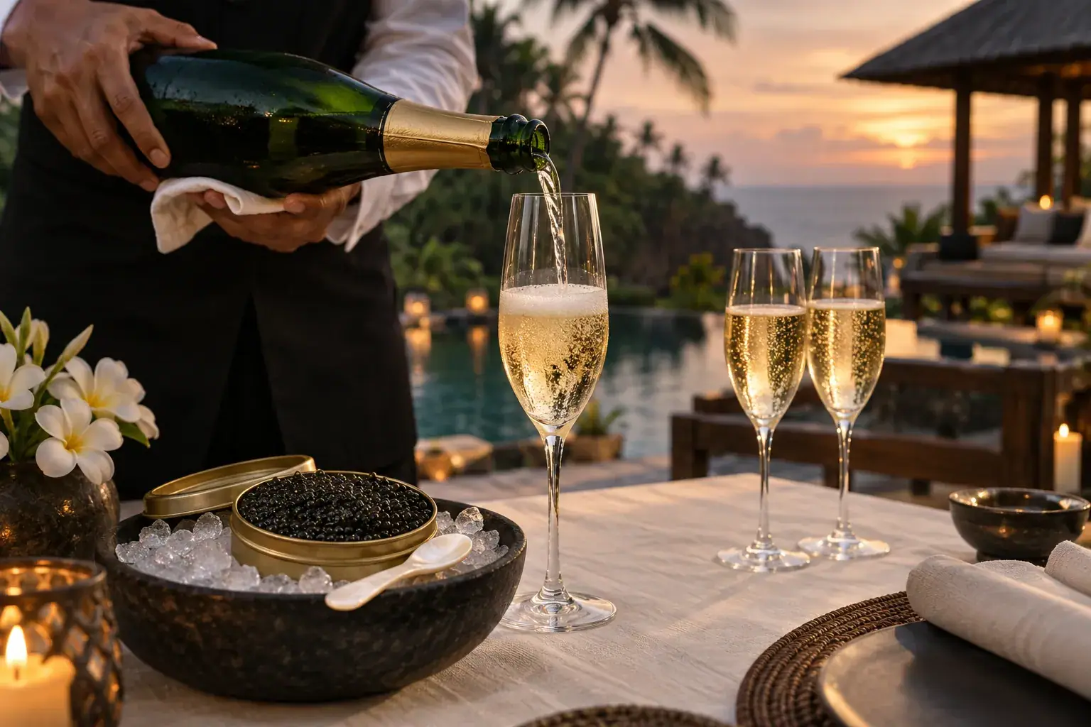 Champagne poured beside chilled caviar on a private Bali villa terrace