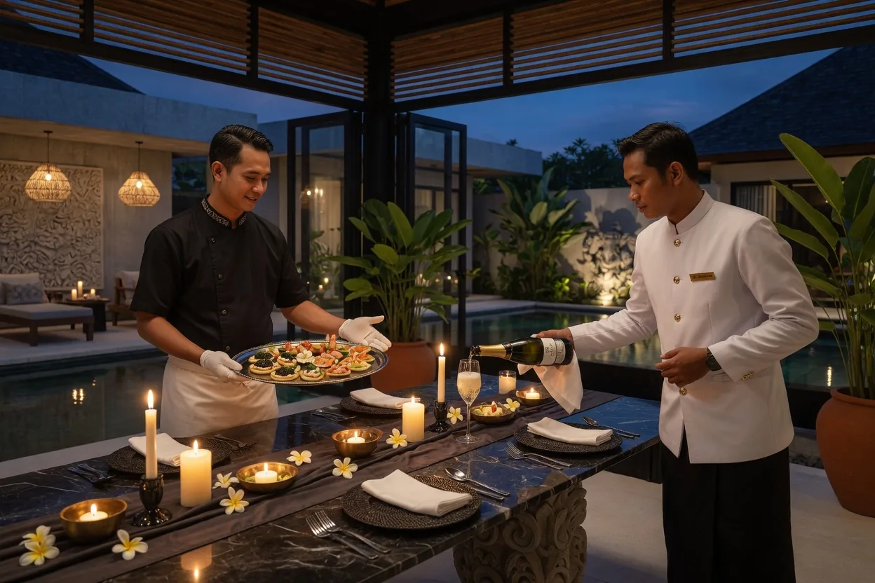 Butler pouring champagne for VIP guests at a Bali villa caviar dinner
