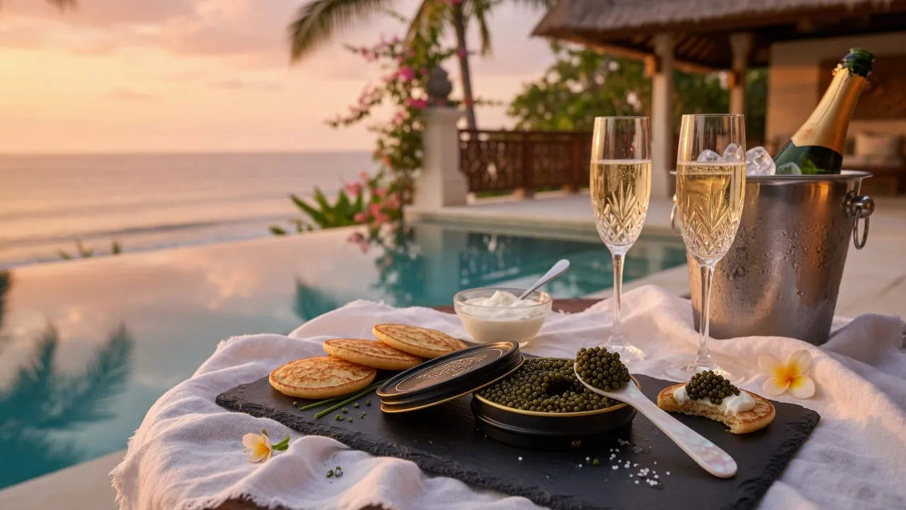 Luxury caviar and champagne experience at a Bali villa terrace