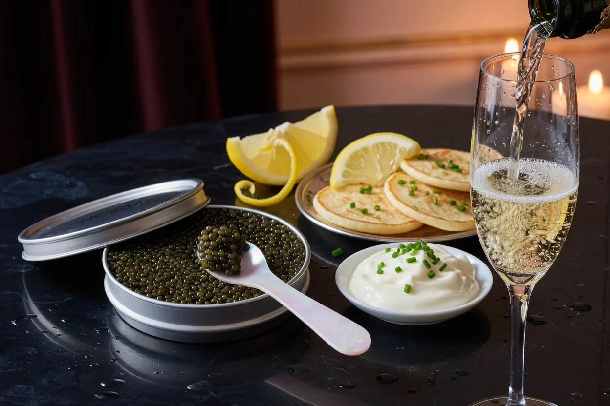 Open caviar tin with mother-of-pearl spoon, blinis and crème fraîche