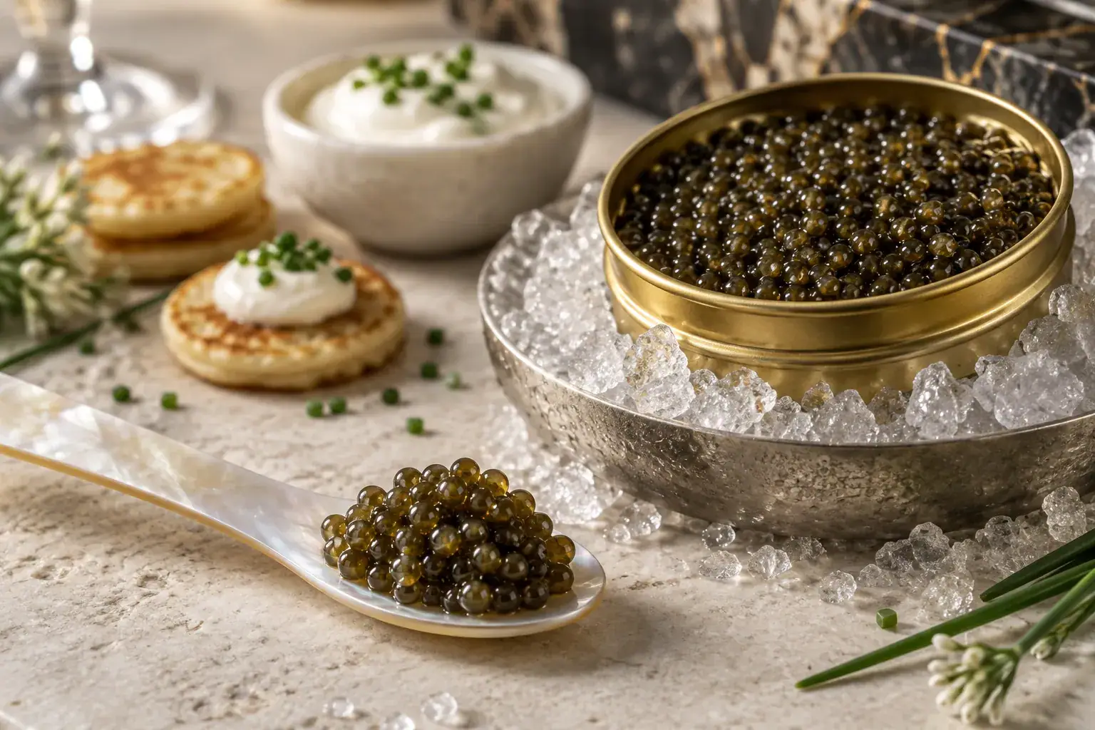 Osetra caviar pearls on a mother-of-pearl spoon beside blinis and crème fraîche