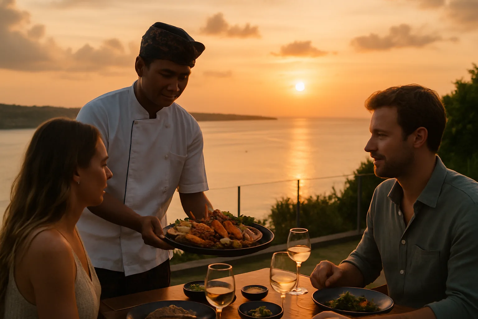 Guests arriving for a sunset dinner overlooking Jimbaran Bay, Bali