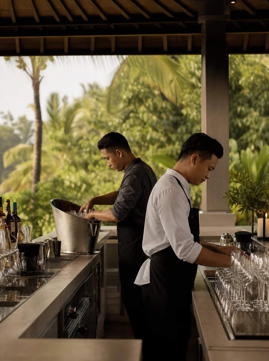 myCHEF bartenders preparing glassware and ice at a luxury Bali villa bar