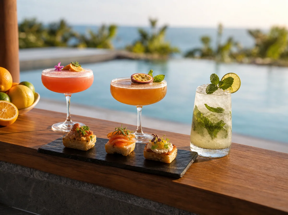 Cocktails and canapés on a villa counter overlooking infinity pool and ocean
