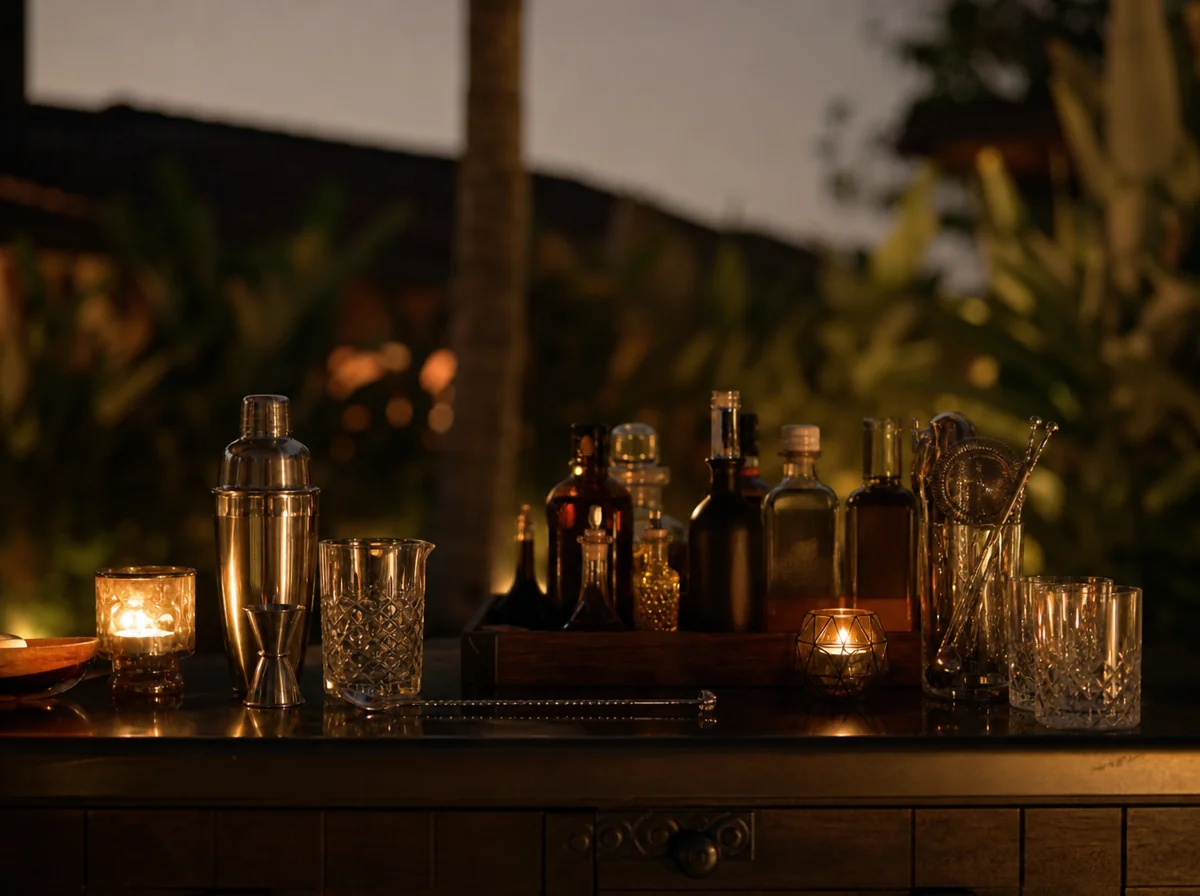 Premium cocktail tools and spirit bottles on a candlelit villa bar cart