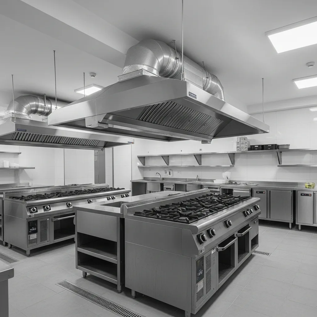Modern commercial kitchen layout with stainless equipment lines and clear workflow zones