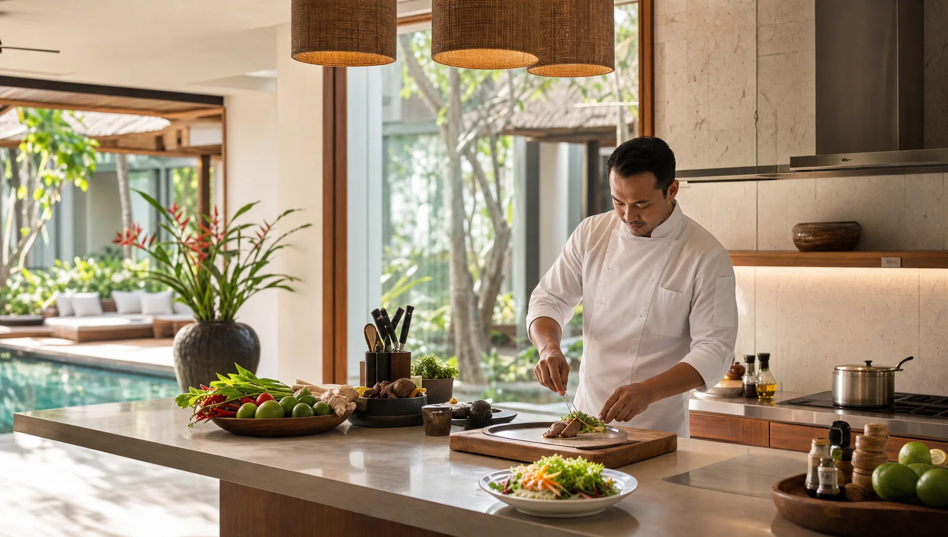 Private chef preparing food in a luxury Bali villa kitchen for group dining