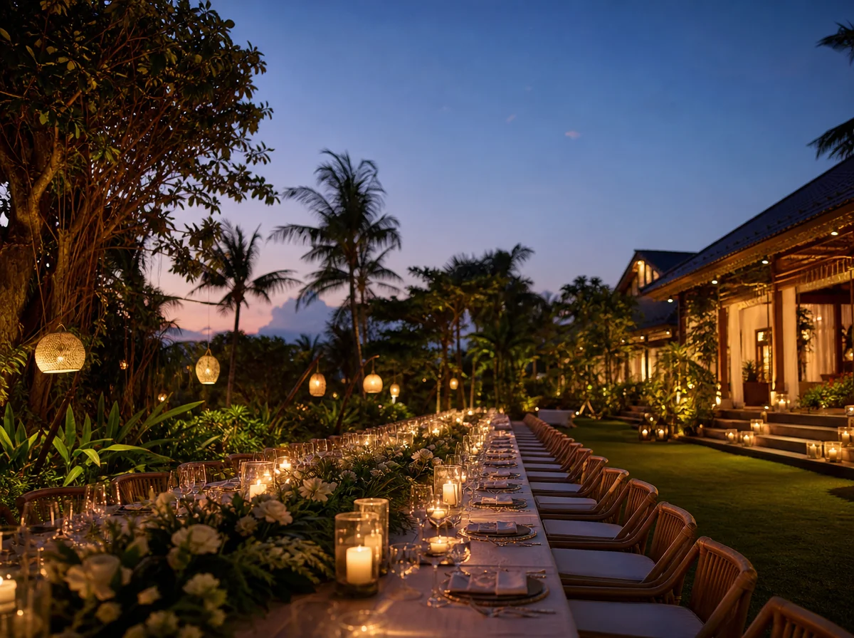 Elegant villa wedding reception table set beneath tropical greenery in Bali
