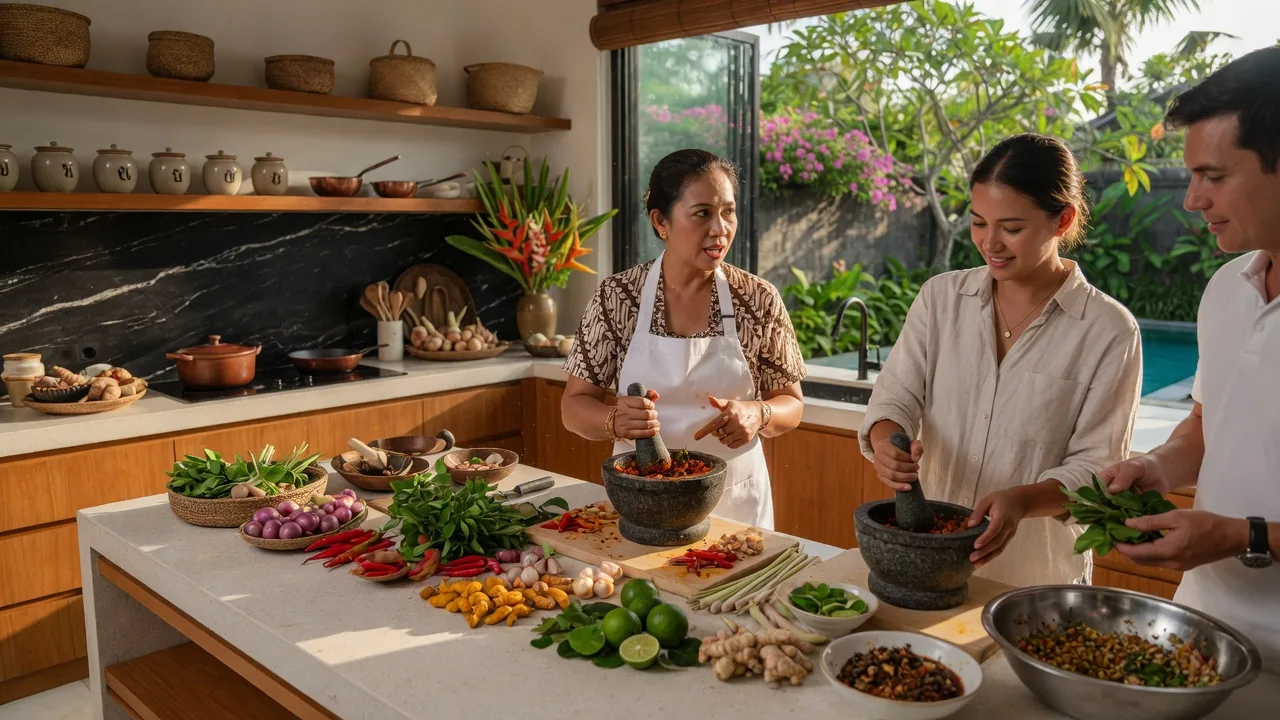 Private chef teaching a cooking class in a Bali villa kitchen