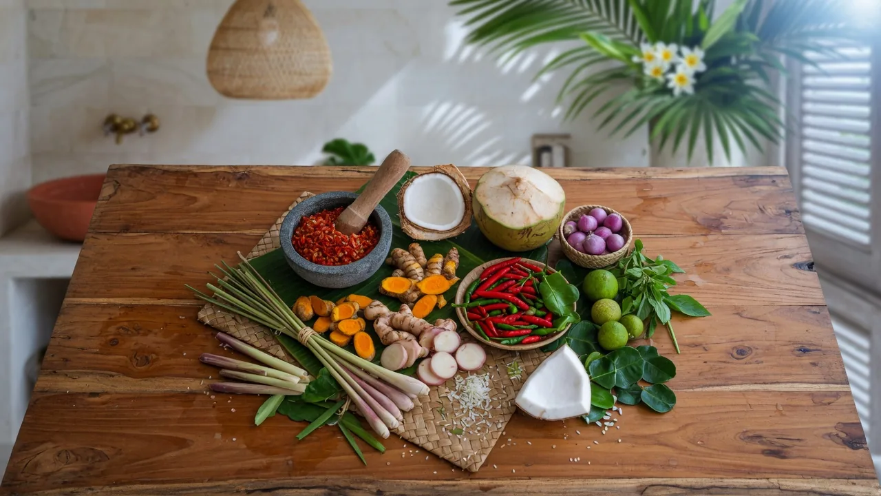 Balinese cooking class ingredients including turmeric, lemongrass, chili and coconut on a teak villa table