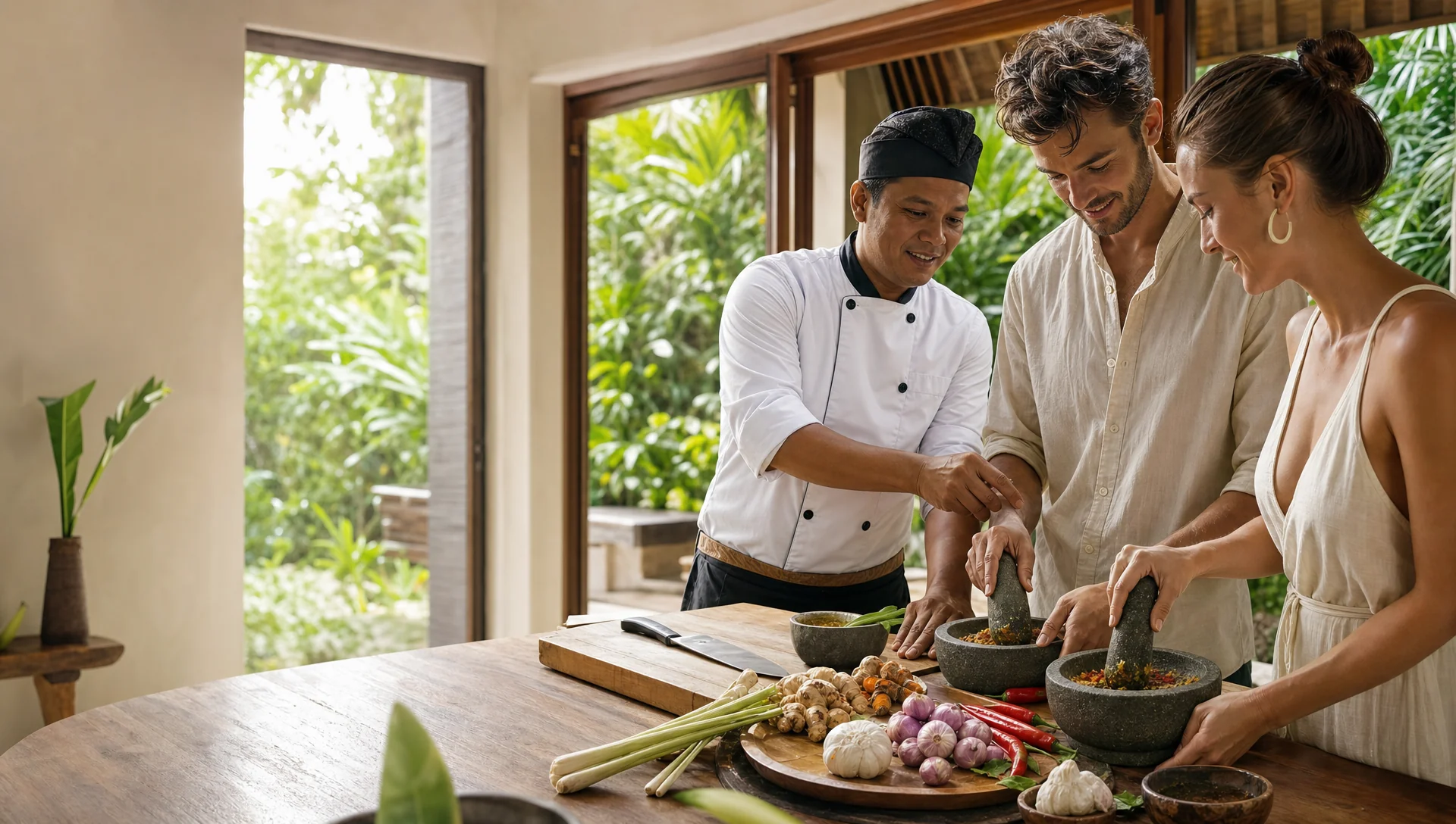 Private chef serving a Balinese feast at a Sidemen valley villa with Mount Agung views