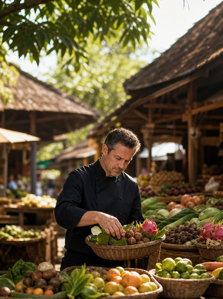 Private chef preparing a post-dive meal at a Tulamben dive resort on the northeast Bali coast