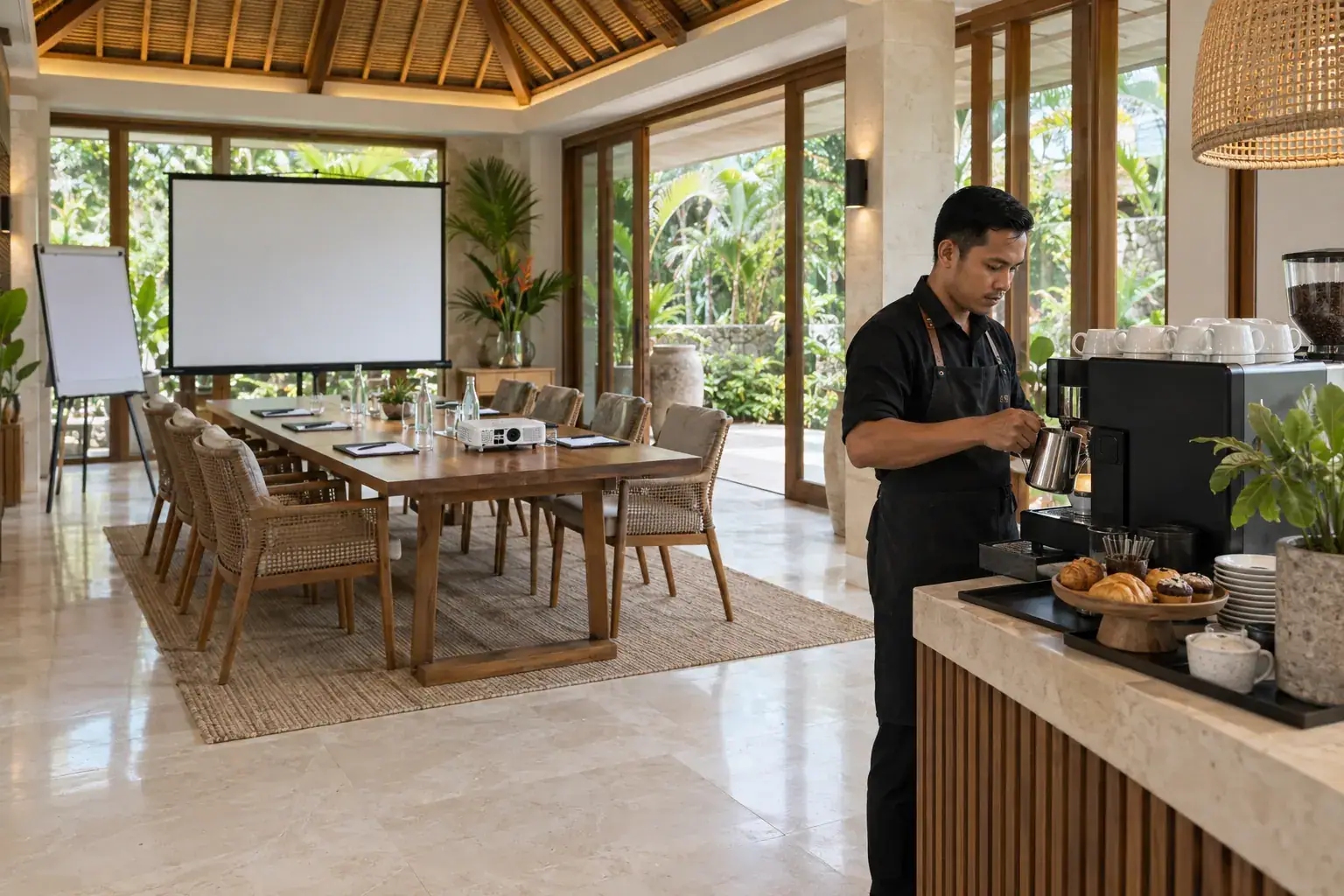 Coffee machine and meeting setup at a Bali retreat villa
