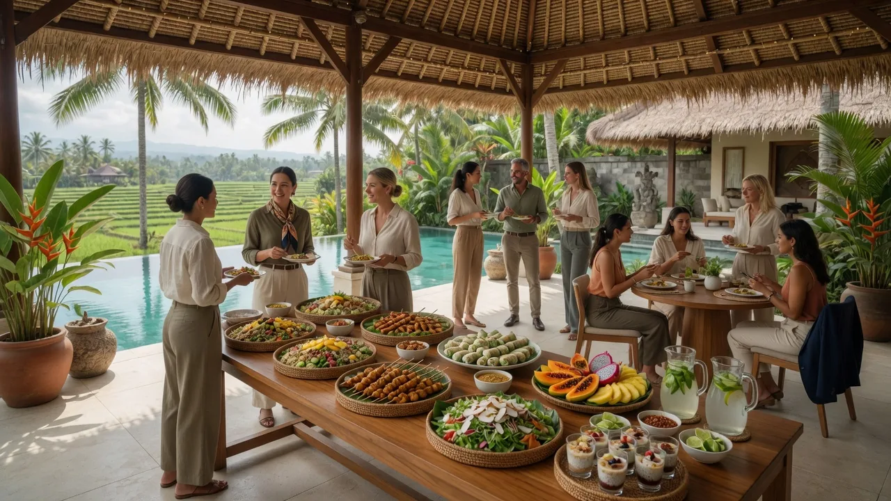 Private chef serving a relaxed seafood dinner at a Lovina beachfront villa in North Bali