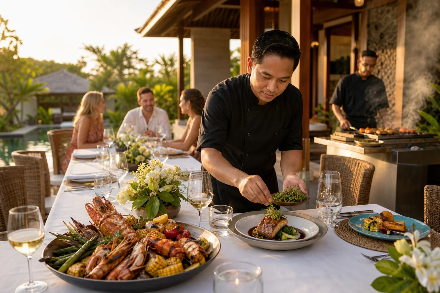 Private villa dining in Bali with chef service, grilled sharing platters, plated courses and a live grill station