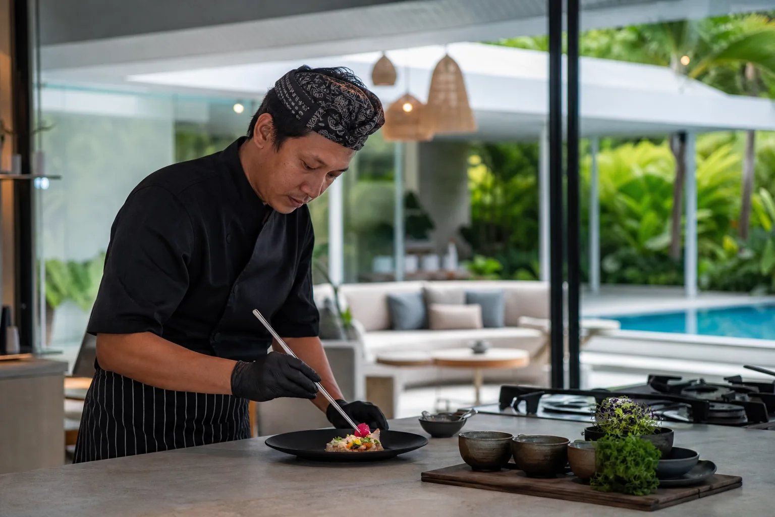 Private Indonesian chef plating an elegant anniversary course in a Bali villa
