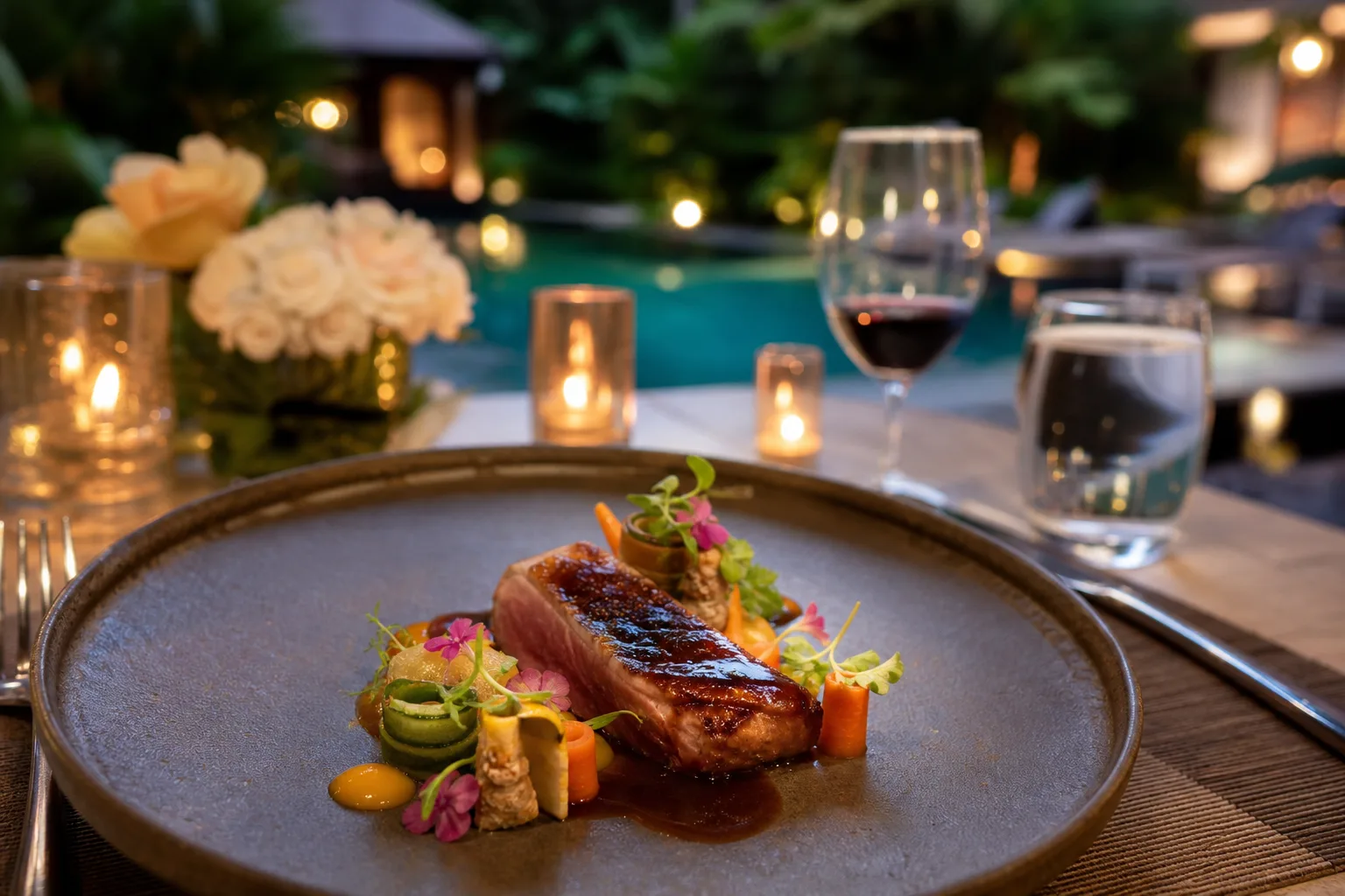 Elegant plated dinner course served at a Bali villa for private fine dining