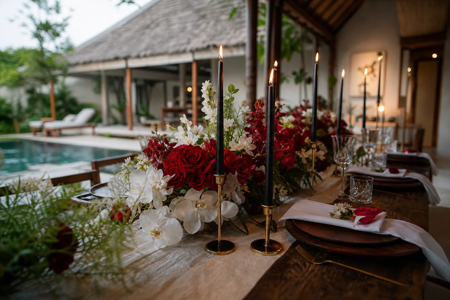 Romantic anniversary tablescape with candles and flowers in a Bali villa