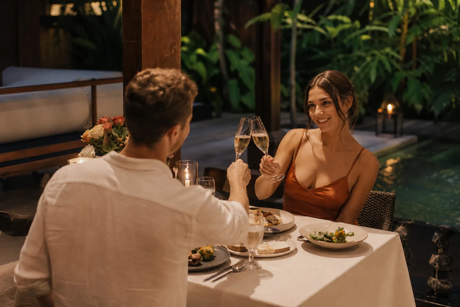 Couple toasting with champagne at an intimate Bali villa anniversary dinner