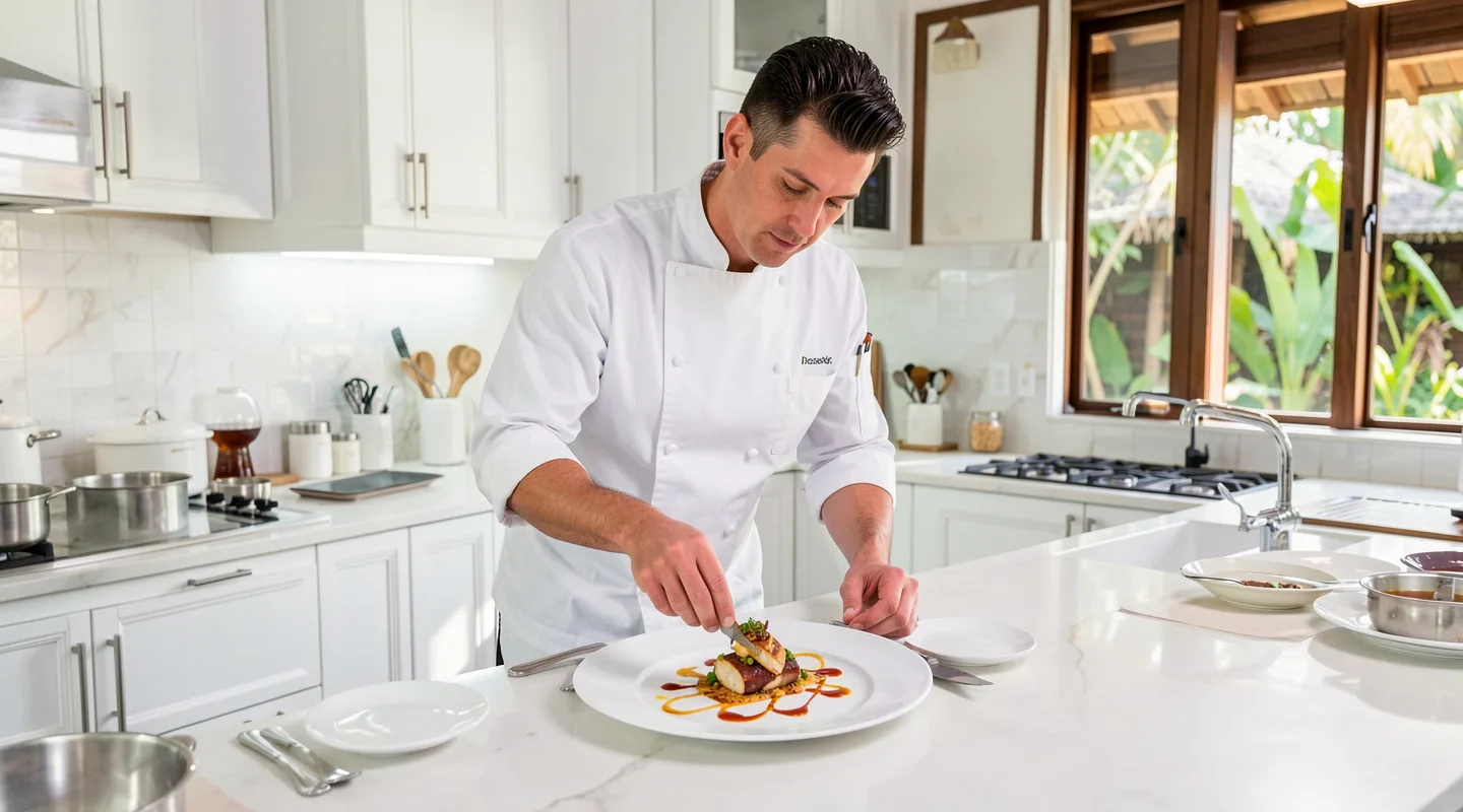Private chef plating an anniversary dinner in a Bali villa