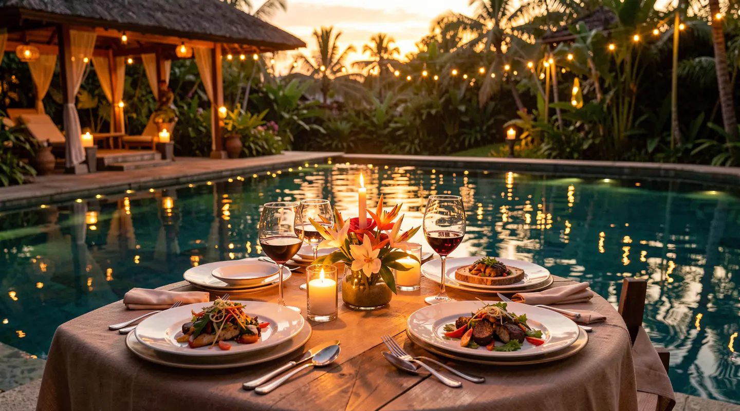 Romantic anniversary dinner setup by a Bali villa pool