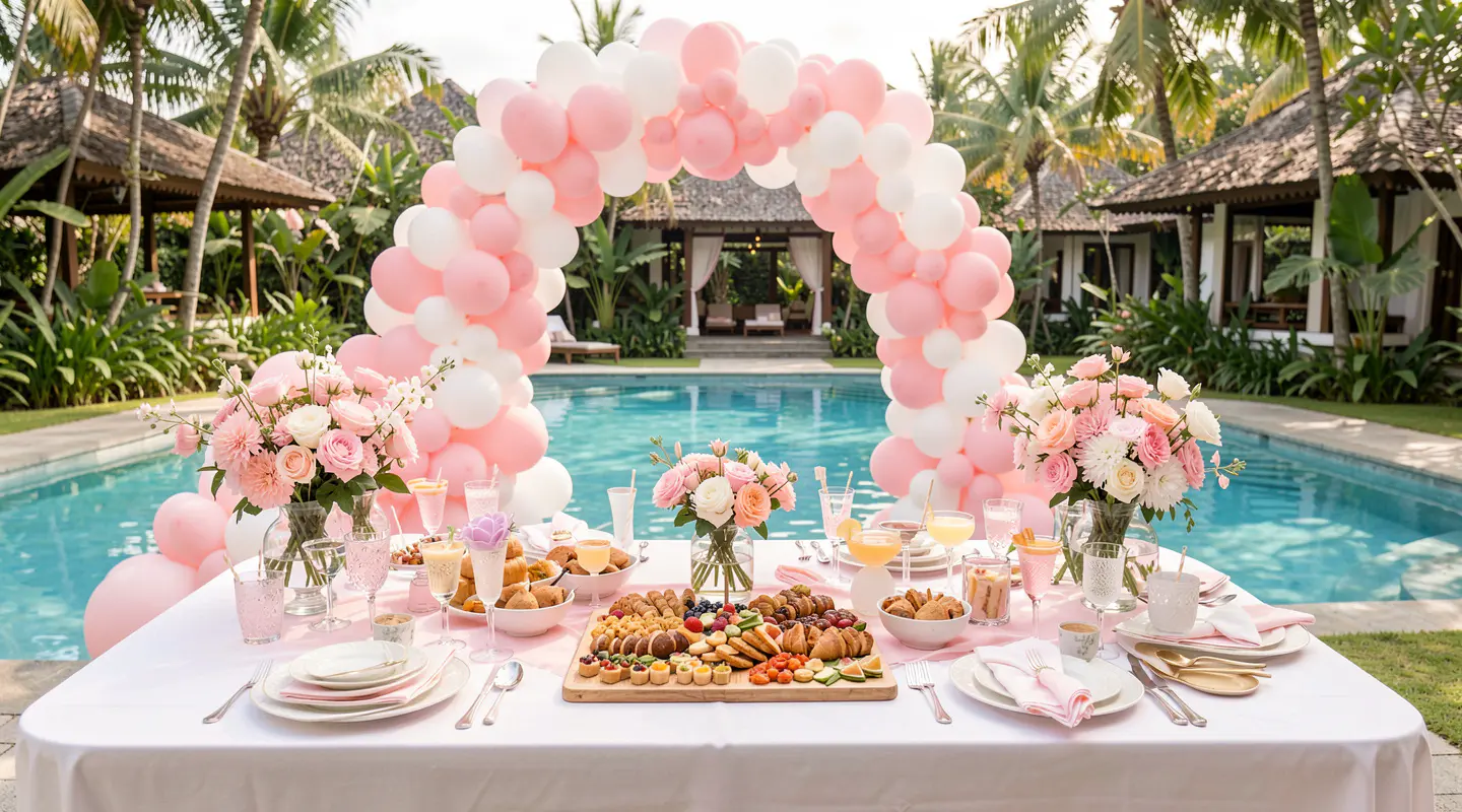 Pastel baby shower brunch table in a Bali villa