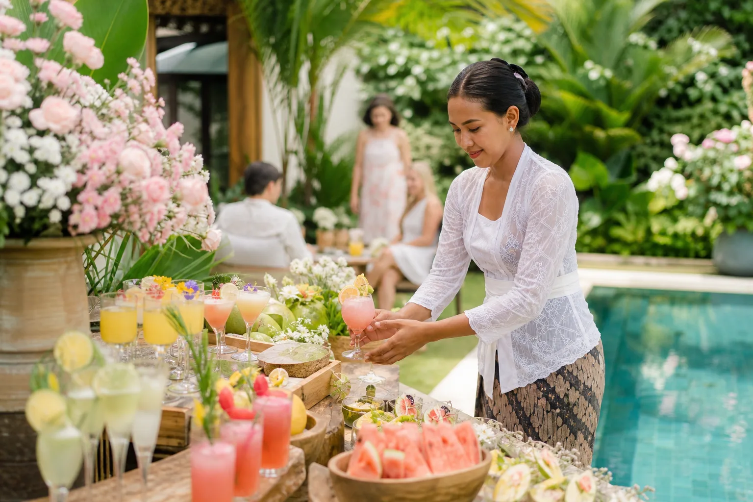 Garden mocktail bar for a Bali baby shower