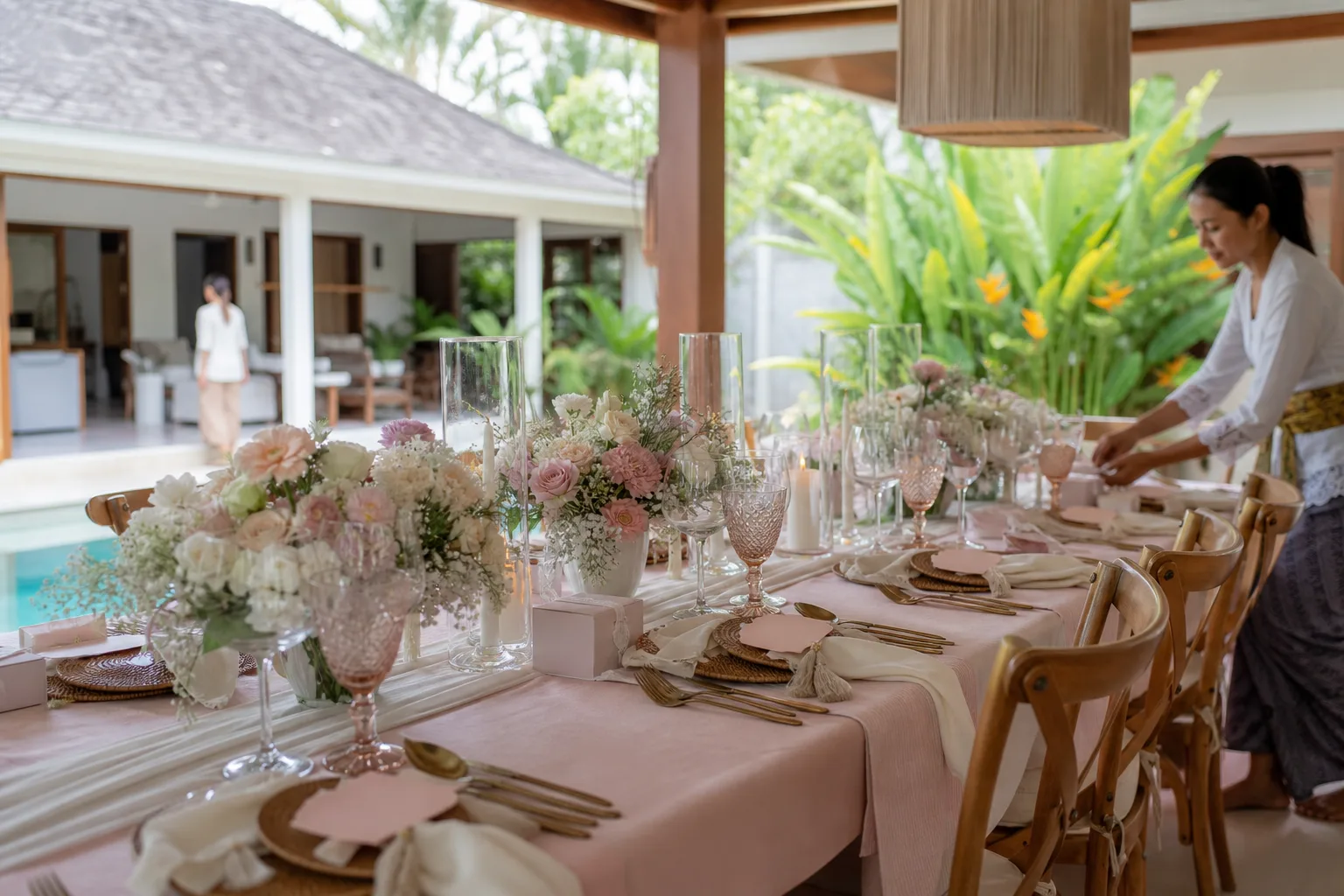Styled baby shower tablescape and decor setup in a Bali villa