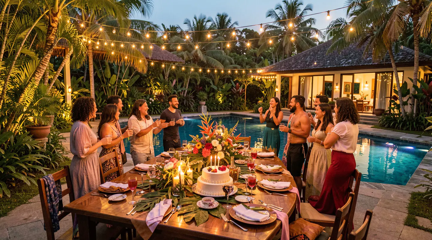 Birthday pool party dinner at a Bali villa